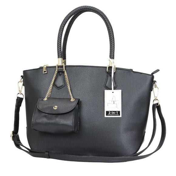 La Terre Handbags - Black Faux Leather Purse and Coin Purse 2 in 1 Set Tote Cross Body Shoulder Bag